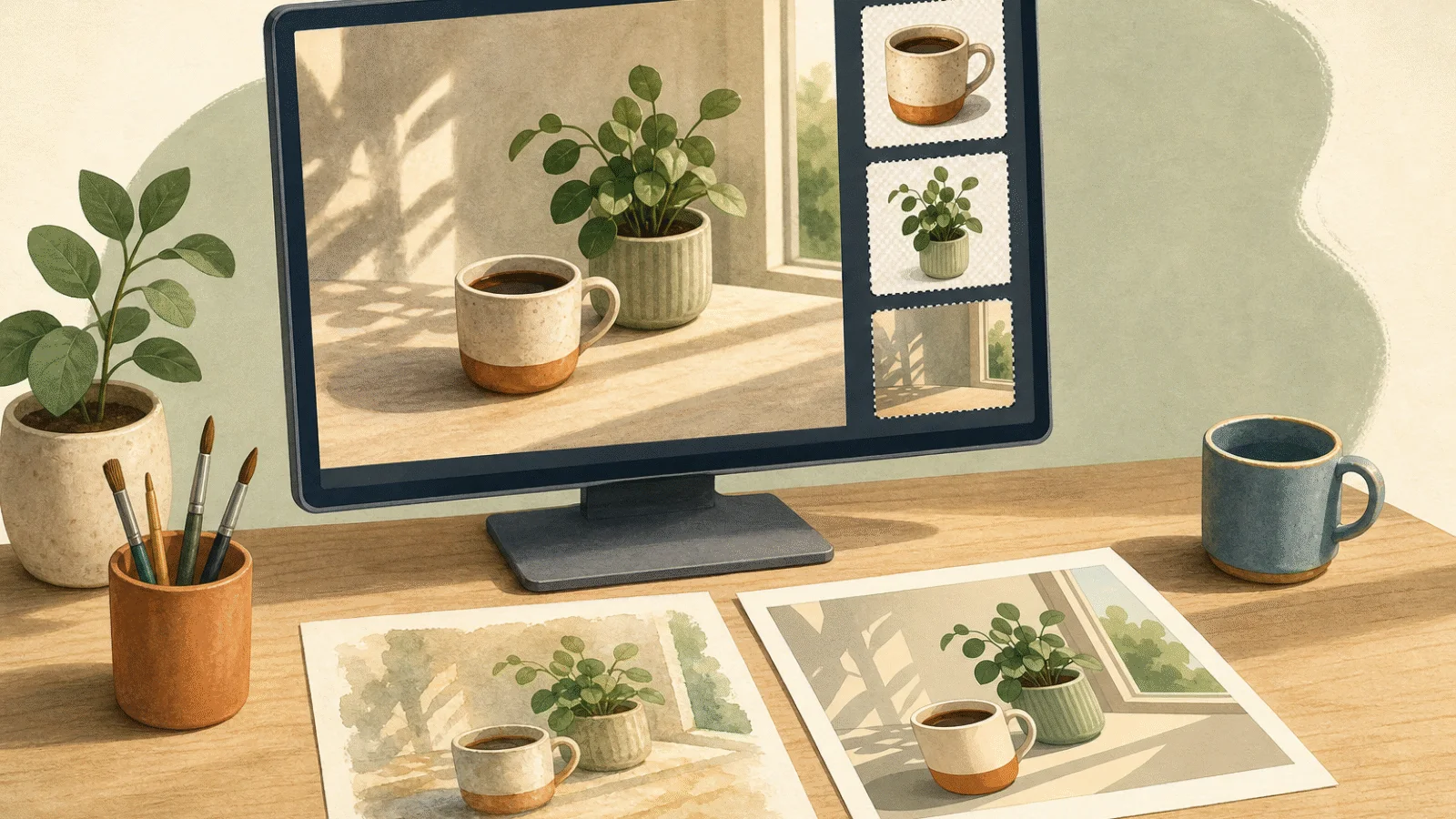 Pracovní stůl s AI obrázkem, samostatnými objekty a alternativními ilustracemi
