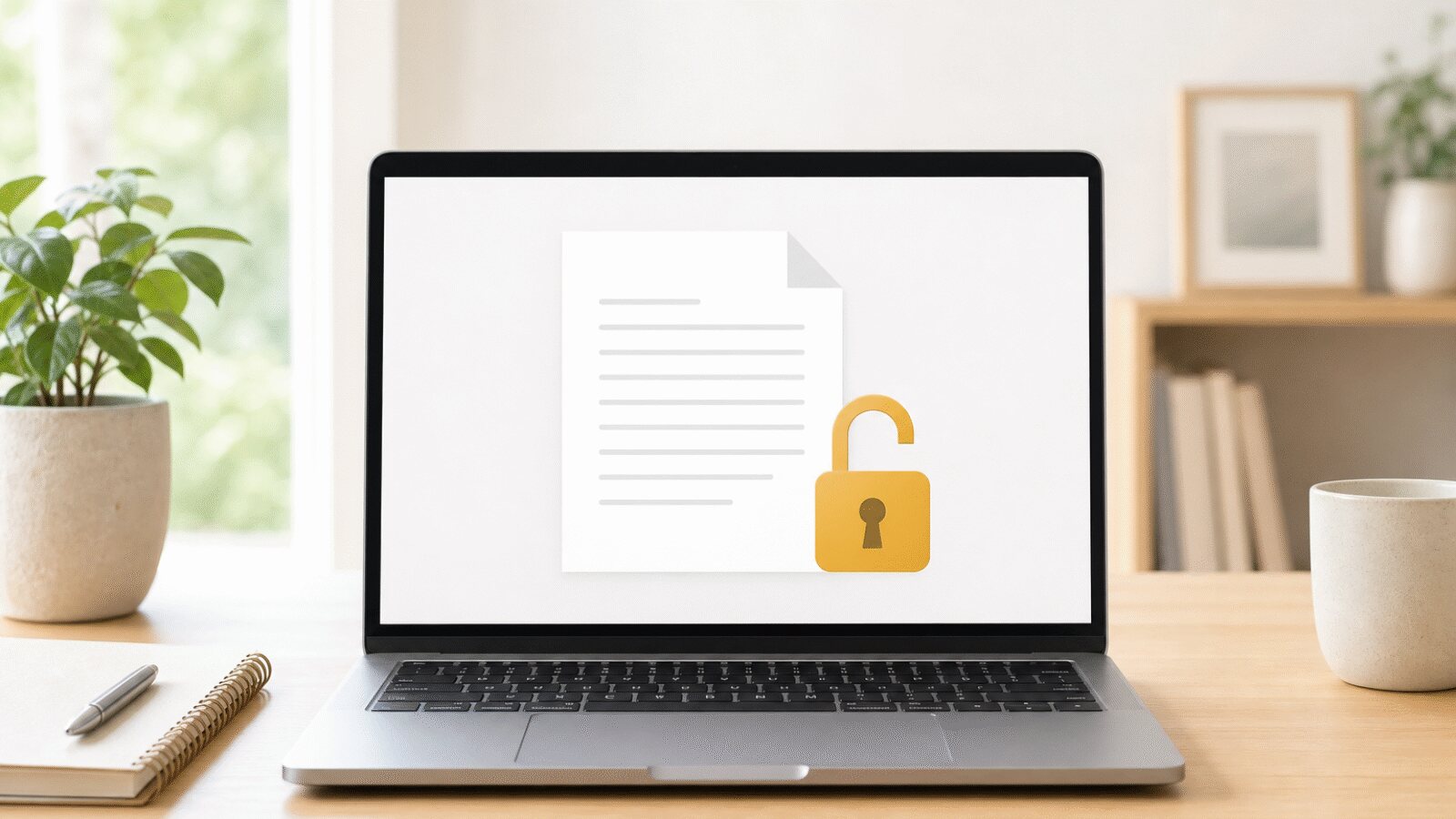 Notebook na pracovním stole, na obrazovce je dokument s otevřeným visacím zámkem