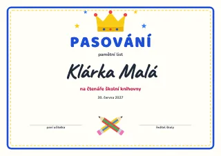 Vzor diplomu: Pasování prvňáčků na čtenáře